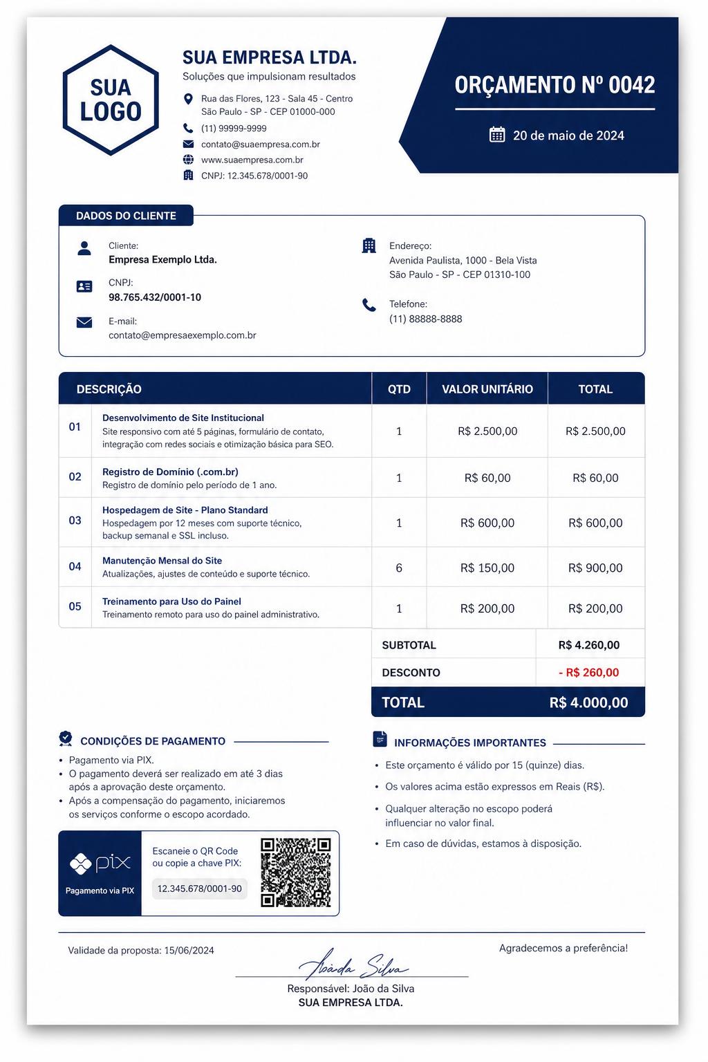 Modelo de orçamento profissional do OrçaPro com itens, totais, condições de pagamento e PIX